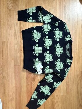 Dry Goods NWT Originality Navy Sweater with Light Green Frog Pattern Sz S
